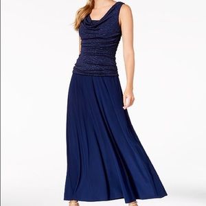 R & M Richards Navy Blue Ruched Glitter Gown